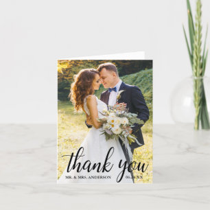 Elegant Modern Script Wedding Couple Photo Note Thank You Card