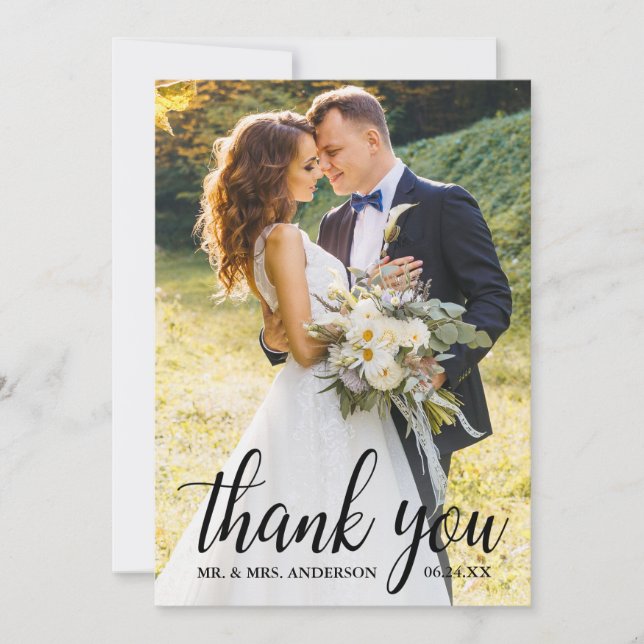 Elegant Modern Script Wedding Couple Photo Thank You Card (Front)