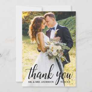 Elegant Modern Script Wedding Couple Photo Thank You Card