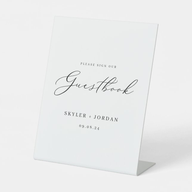 Elegant Modern Script Wedding Guest Book Pedestal Sign (Front)