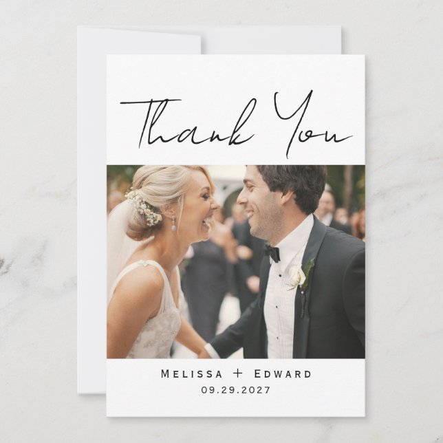 Elegant Modern Script Wedding Photo Thank You Card (Front)