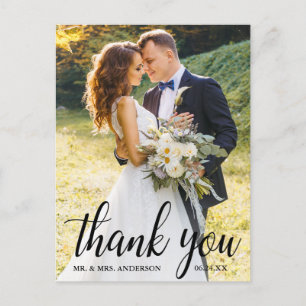 Elegant Modern Script Wedding Photo Thank You Postcard