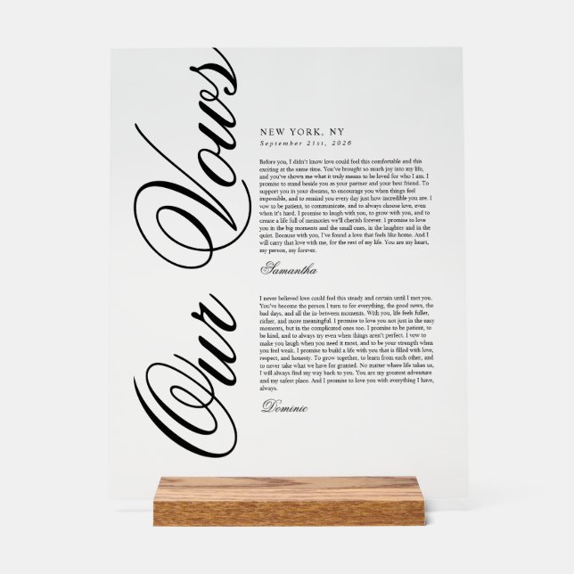 Elegant Modern Script Wedding Vows Acrylic Sign (Front)