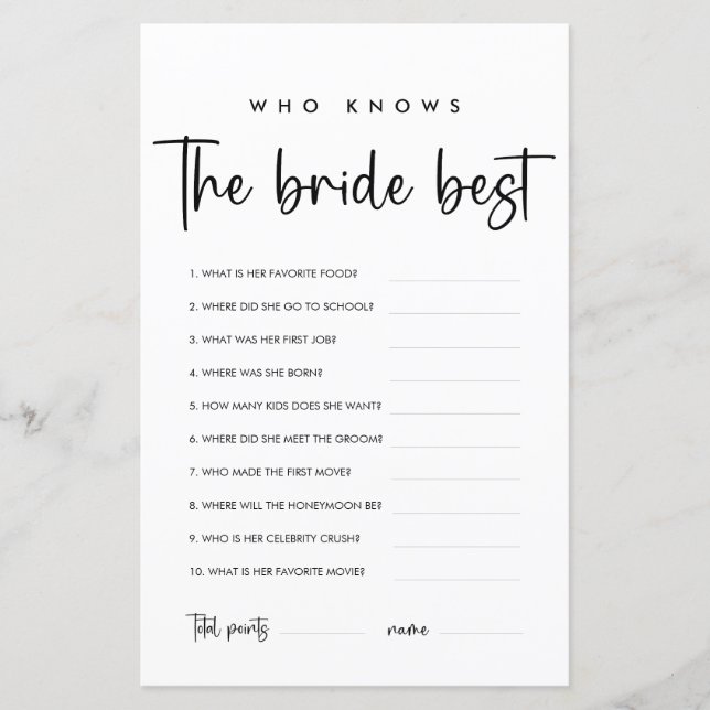 Elegant Modern Script | Who Knows The Bride Best (Front)