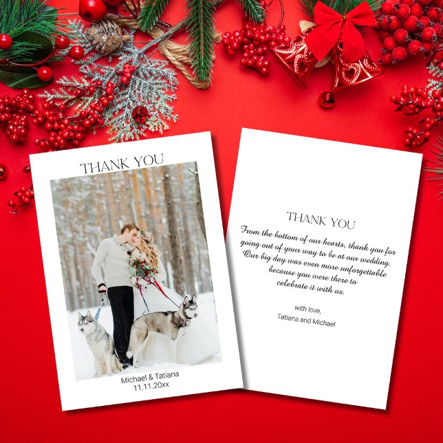elegant modern script winter wedding photo thank you card (Creator Uploaded)