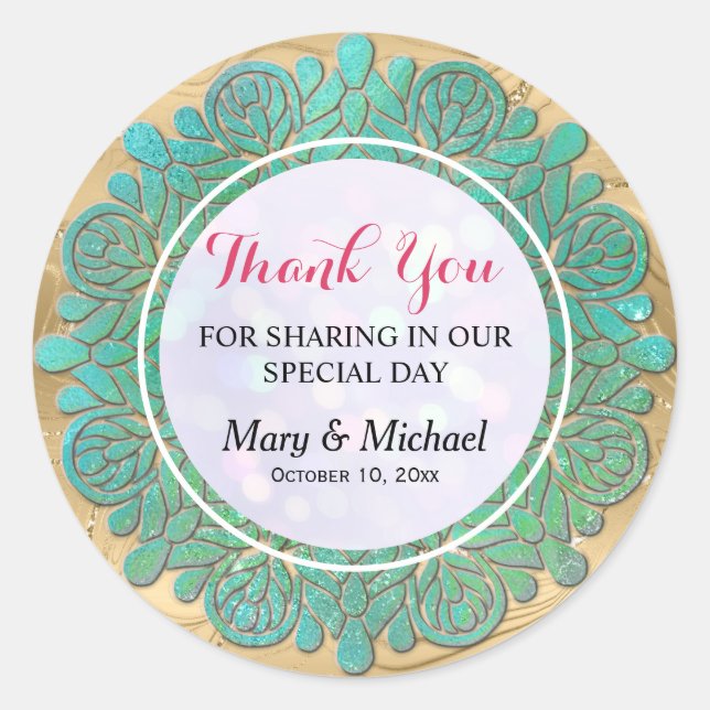 Elegant Modern Shiny Turquoise Mandala Thank You Classic Round Sticker (Front)
