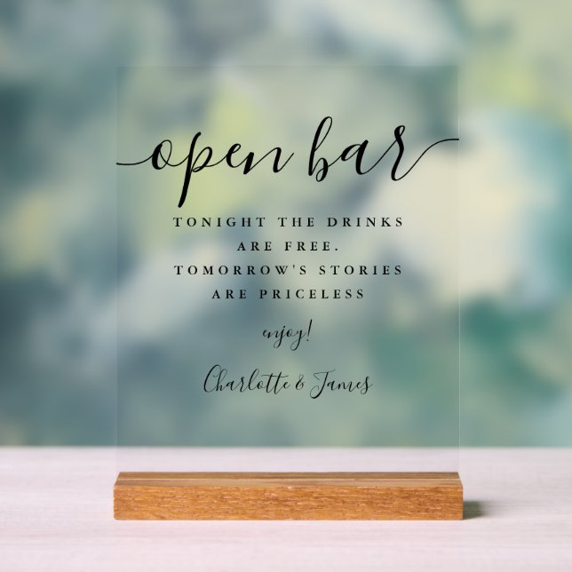 Elegant Modern Signature Script Open Bar Acrylic Sign (Neutral)