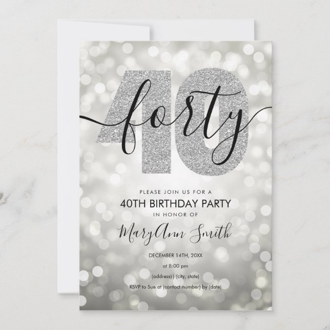 Elegant Modern Silver 40th Birthday Party Invitation (Front)