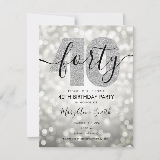 Elegant Modern Silver 40th Birthday Party Invitation (Front)