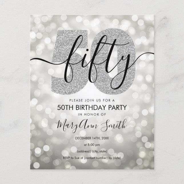 Elegant Modern Silver 50th Birthday Party Invite Flyer (Front)