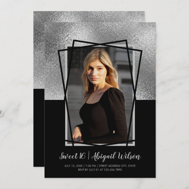 Elegant modern silver black sweet sixteen birthday invitation (Front/Back)