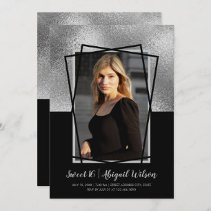 Elegant modern silver black sweet sixteen birthday invitation