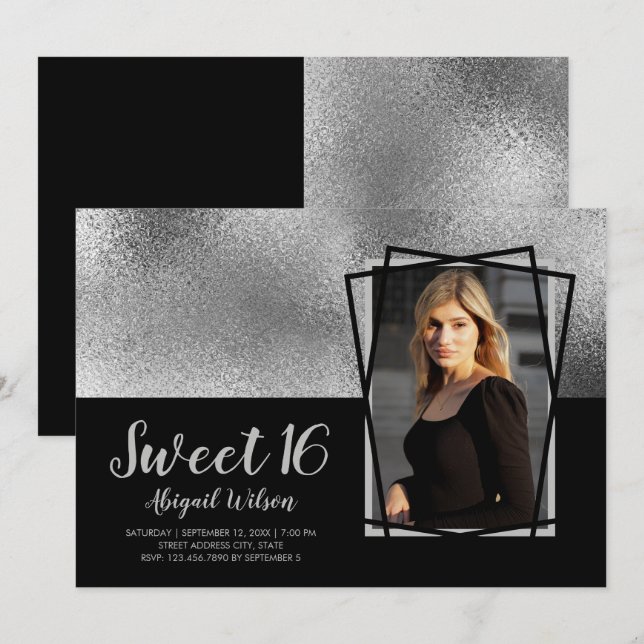 Elegant modern silver black sweet sixteen birthday invitation (Front/Back)