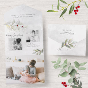 Elegant Modern Silver Christmas Floral 2-Photo All In One Invitation