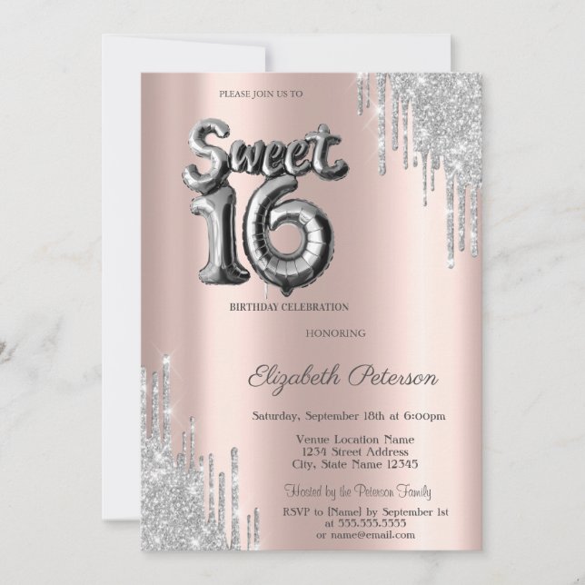 Elegant Modern Silver Drips Balloon Sweet 16 Invitation (Front)