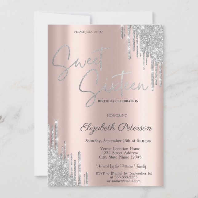 Elegant Modern Silver Drips Sweet 16 Invitation (Front)