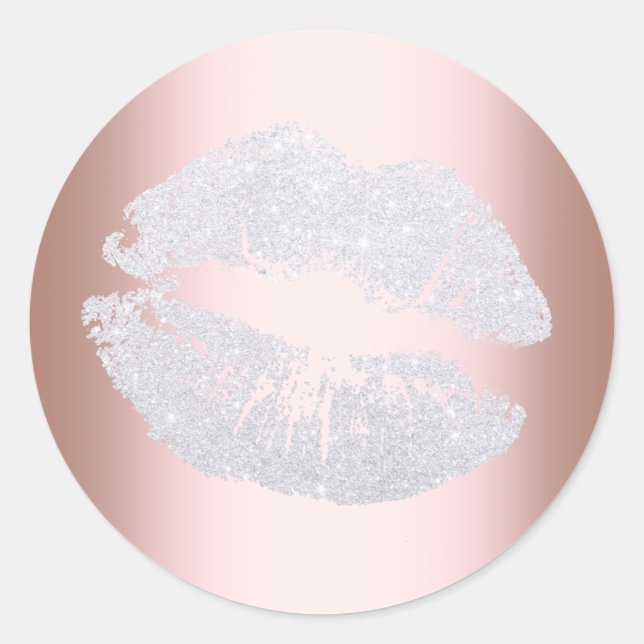 Elegant modern silver glitter lips rose gold classic round sticker (Front)