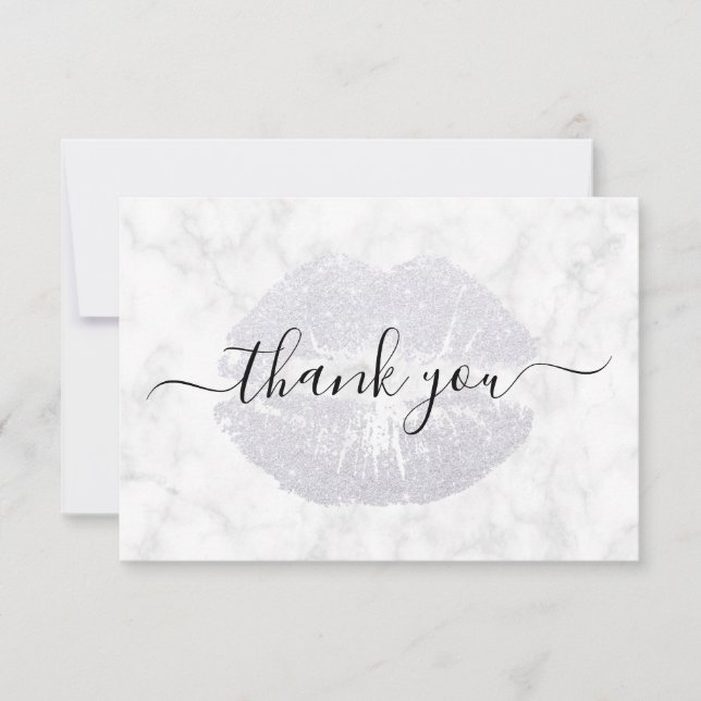 Elegant modern silver glitter lips white marble thank you card (Front)