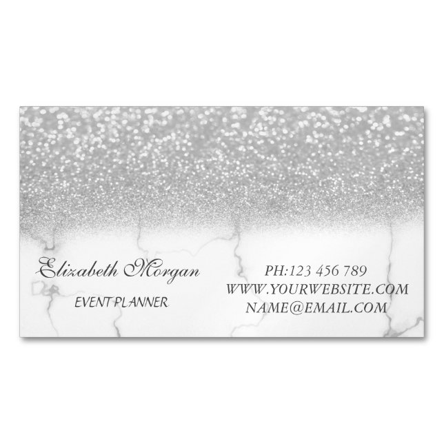 Elegant Modern Silver Glitter Marble Magnetic Business Card (Front)