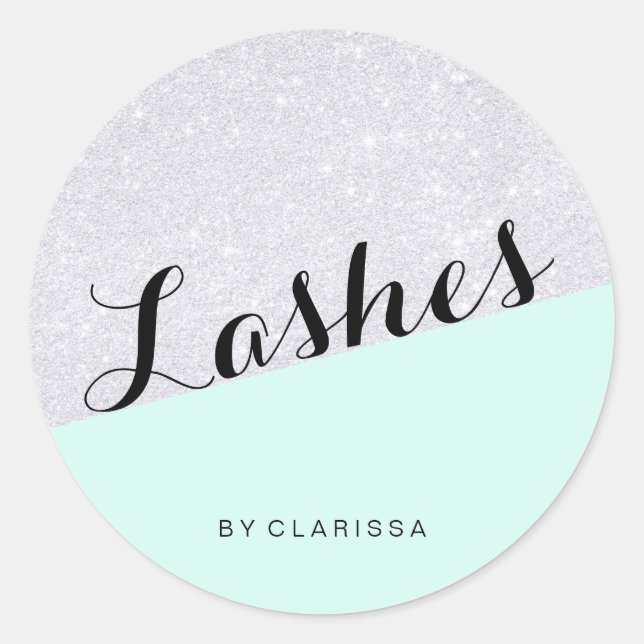Elegant modern silver glitter mint green lashes classic round sticker (Front)