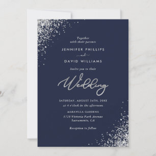 Elegant Modern Silver Glitter Navy Blue Wedding Invitation