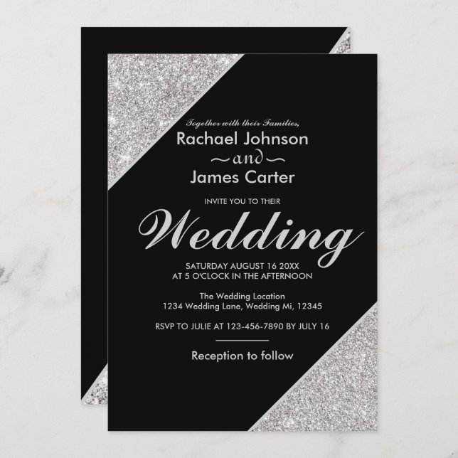 Elegant modern silver glitter on black invitation (Front/Back)
