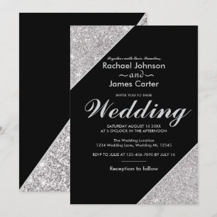 Elegant modern silver glitter on black invitation