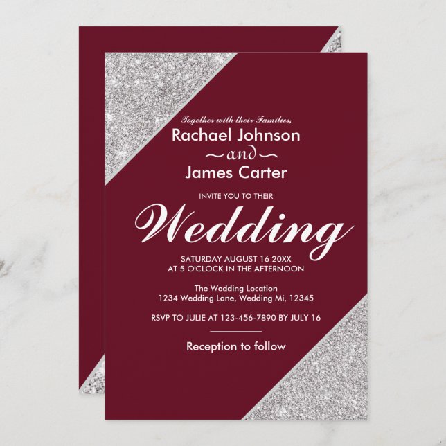 Elegant modern silver glitter on Burgundy Invitation (Front/Back)