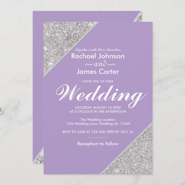 Elegant modern silver glitter on Lavender Invitation (Front/Back)