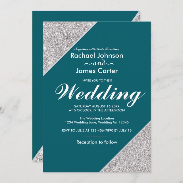 Elegant modern silver glitter on Teal Invitation (Front/Back)