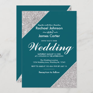 Elegant modern silver glitter on Teal Invitation
