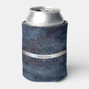 Elegant Modern Silver Mandala Stripe Navy Blue Can Cooler