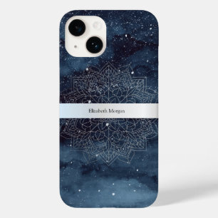 Elegant Modern Silver Mandala Stripe Navy Blue Case-Mate iPhone 14 Case