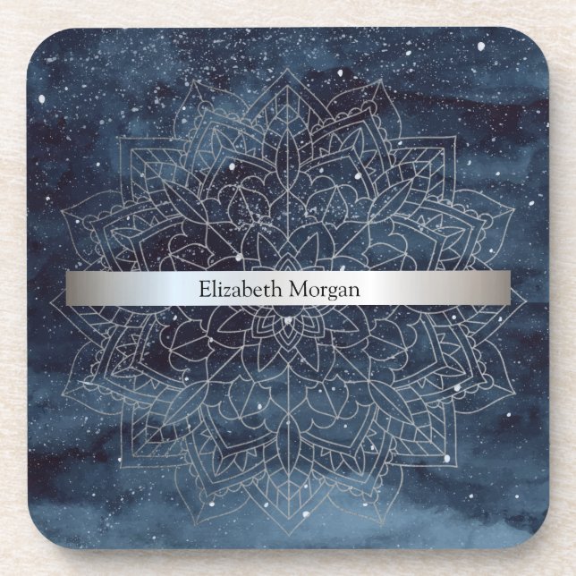 Elegant Modern Silver Mandala Stripe Navy Blue Coaster (Front)