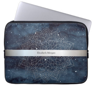 Elegant Modern Silver Mandala Stripe Navy Blue Laptop Sleeve