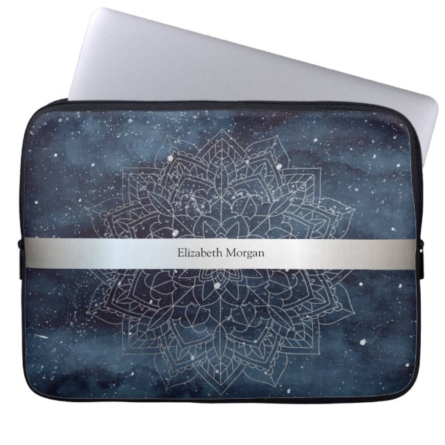 Elegant Modern Silver Mandala Stripe Navy Blue Laptop Sleeve (Front)