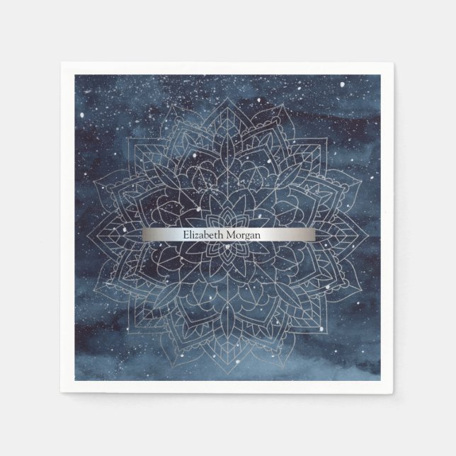 Elegant Modern Silver Mandala Stripe Navy Blue Napkin (Front)