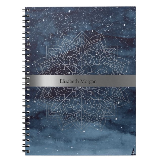 Elegant Modern Silver Mandala Stripe Navy Blue Notebook (Front)