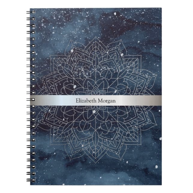 Elegant Modern Silver Mandala Stripe Navy Blue Notebook (Front)