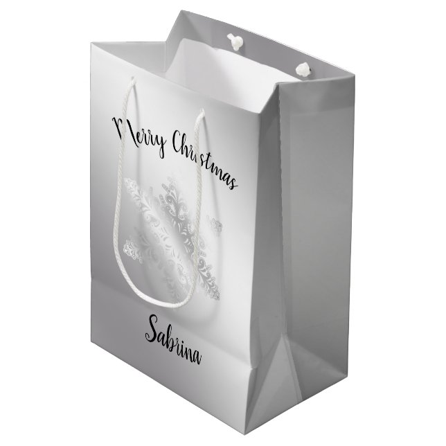 Elegant modern silver Merry Christmas snowflake Medium Gift Bag (Front Angled)