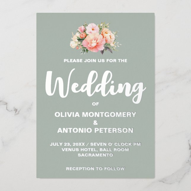 Elegant Modern Silver Peony light Sage Wedding (Front)