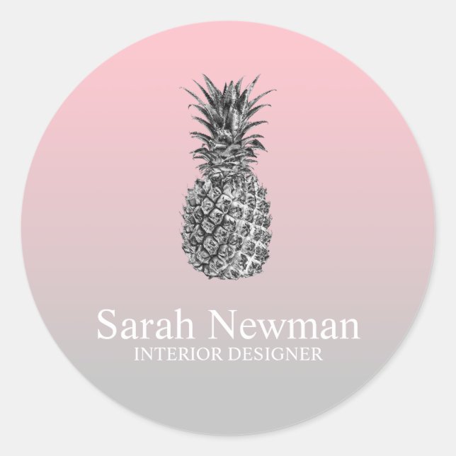 Elegant modern silver pineapple gradient pink classic round sticker (Front)