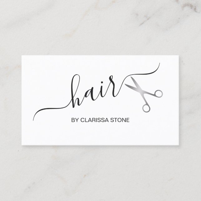 Elegant & modern silver scissors hairstylist business card (Front)