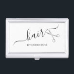 Elegant modern silver scissors hairstylist business card holder<br><div class="desc">Modern and elegant design for hairstylists with faux silver scissors and elegant calligraphy font.</div>