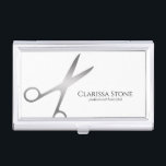Elegant modern silver scissors hairstylist business card holder<br><div class="desc">Modern and elegant design for hairstylists with faux silver scissors and elegant calligraphy font.</div>