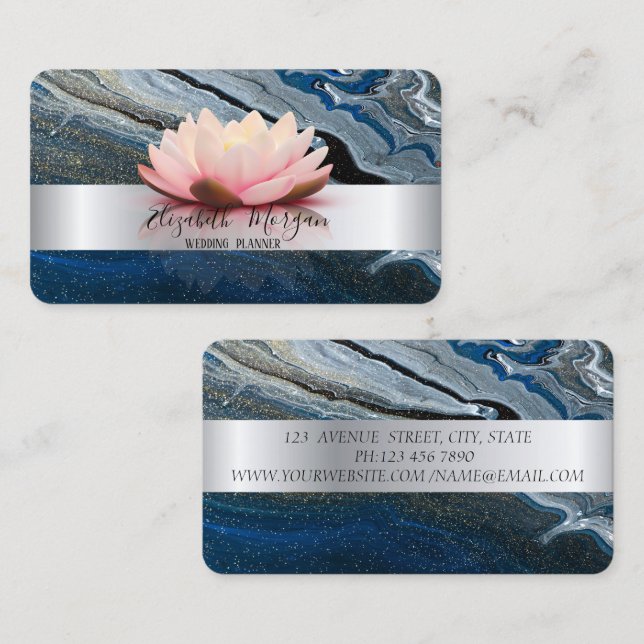 Elegant Modern Silver Stripe Lotus Blue Marble Business Card (Front/Back)