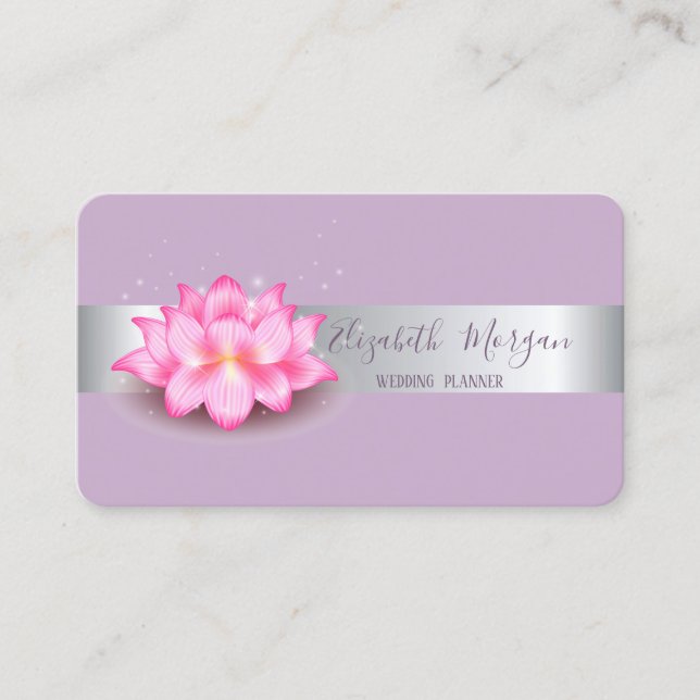 Elegant Modern Silver Stripe Lotus Purple Business Card (Front)