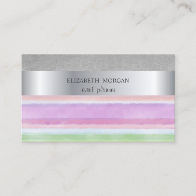 Elegant Modern, Silver Stripe Watercolor Stripes Business Card (Front)
