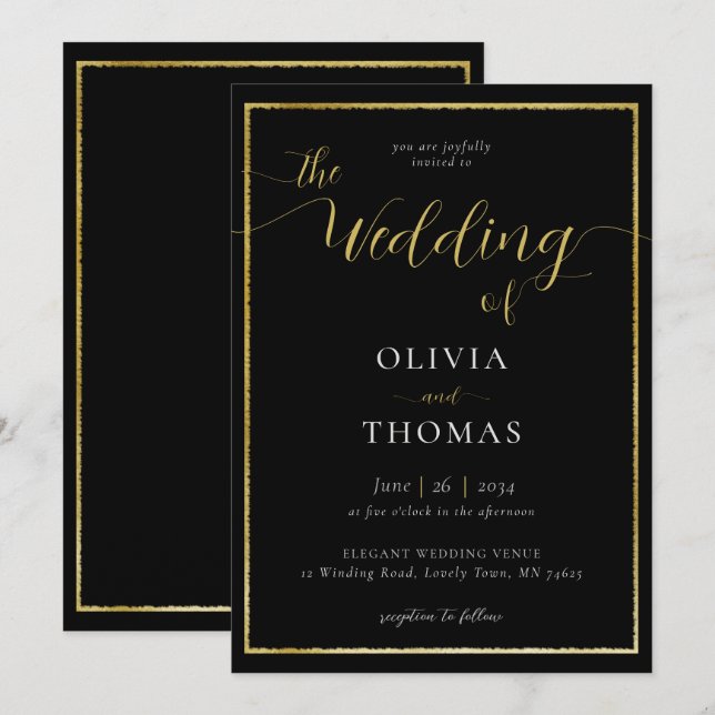 Elegant Modern Simple Black White Gold Wedding Invitation (Front/Back)