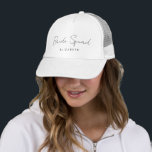 Elegant Modern Simple Bride Squad Bridesmaid Trucker Hat<br><div class="desc">Custom Script Text Name Modern Elegant Simple Template Womens Bride Squad Bridesmaid Wedding Bachelorette White Trucker Hat / Cap.</div>